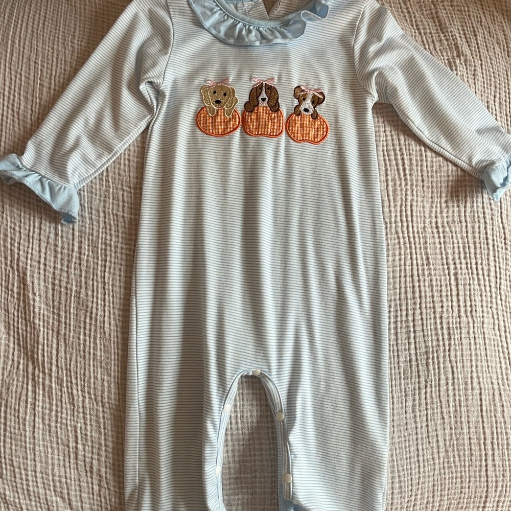 Baby girl fall pumpkin puppy long bubble romper